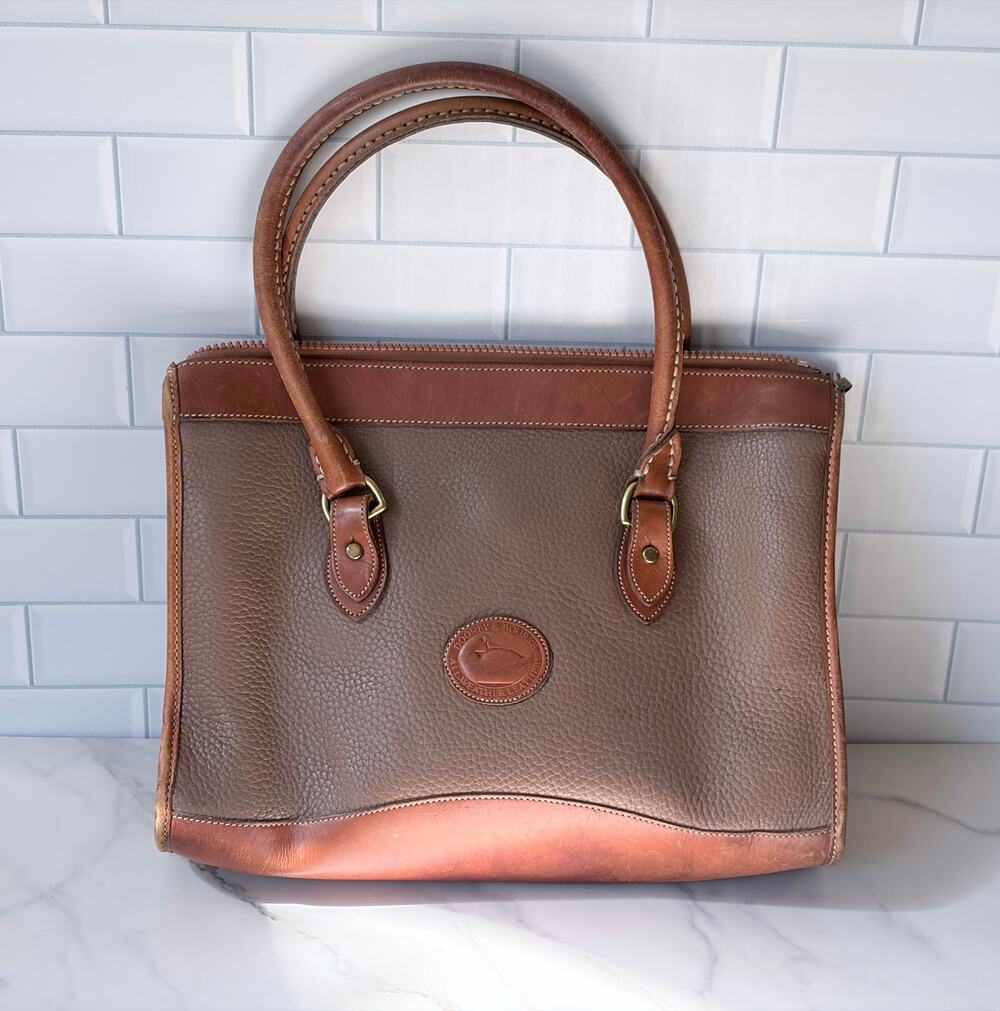 Vintage Dooney Bourke All Weather Leather Satchel, Taupe, British Tan, Zip Top